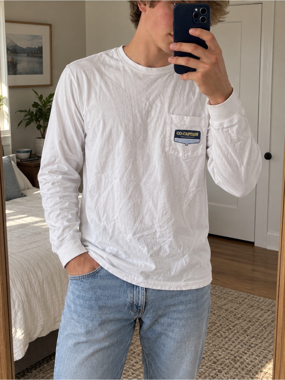 Vineyard Vines Men’s Long Sleeve Pocket Tee S White Co-Captain Dog Boat